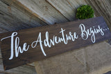 The adventure begins. Our adventure begins. Wood Wedding Signs. Wood Wedding Decor. Rustic sign.
