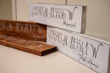 Met, proposal, married, first home  latitude longitude sign. Custom latidtude longitude sign.