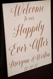 Welcome to our happily ever after. Wood welcome decor. Wedding welcome sign. White welcome sign. Shabby chic sign. Elegant wedding sign.
