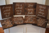 Love Is Patient Love is Kind Rustic Wedding Decor. Dark stained 1 Corinthians 13 Wedding Aisle Signs. Wood Wedding Signs. Wood Wedding Decor
