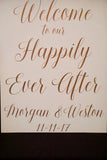 Welcome to our happily ever after. Wood welcome decor. Wedding welcome sign. White welcome sign. Shabby chic sign. Elegant wedding sign.