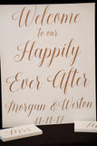 Welcome to our happily ever after. Wood welcome decor. Wedding welcome sign. White welcome sign. Shabby chic sign. Elegant wedding sign.