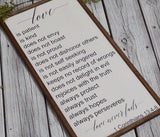Love is patient farmhouse sign. Love never fails farmhouse sign. Love never fails wood sign. 1 Corinthians 13:4-8 farmhouse sign.