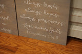 Love is patient. Love is kind.  Wedding decor. Wedding signs. Wedding aisle decor. 1 Corinthians 13. Aisle sign. Ceremony signs.
