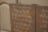 Love is patient. Love is kind.  Wedding decor. Wedding signs. Wedding aisle decor. 1 Corinthians 13. Aisle sign. Ceremony signs.