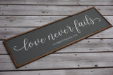 Gray framed love never fails sign. Love never fails wood sign. 1 Corinthians 13:8. Farmhouse love never fails. Love is patient.