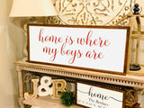 Home is where my boys are.Large farmhouse decor.  Framed sign. Farmhouse home sign. Fixer upper decor. Home decor. Entryway sign.