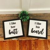 I like his beard. I like her butt. Master bedroom decor. Bedroom sign. Wedding gift. Farmhouse decor. Framed sign. Home decor.