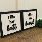 I like his beard. I like her butt. Master bedroom decor. Bedroom sign. Wedding gift. Farmhouse decor. Framed sign. Home decor.