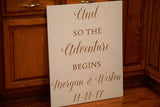 And our adventure begins wedding sign. Wood welcome decor. White welcome sign. Shab chic wedding decor. Elegant wedding.
