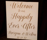 Welcome to our happily ever after. Wood welcome decor. Wedding welcome sign. White welcome sign. Shabby chic sign. Elegant wedding sign.