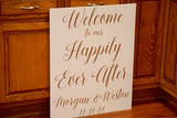 Welcome to our happily ever after. Wood welcome decor. Wedding welcome sign. White welcome sign. Shabby chic sign. Elegant wedding sign.