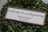 Welcome to our beginning. Welcome to our wedding. Welcome sign. Wedding sign. Farmhouse sign. Wedding gift. Ceremony sign. Established sign.