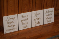 White Love Is Patient, Love is Kind Aisle Markers.  Love Never Fails Wedding Decor. 1 Corinthians 13 Wedding Aisle Signs. Wedding Aisle Sign
