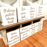 Wedding aisle decor. Love Is Patient Love is Kind. Wedding Decorations. 1 Corinthians 13 Wedding Aisle Signs. White Wedding Signs.