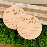 Personalized birth stats wood circle. Hospital welcome sign. Baby announcement. Baby shower. Engraved baby sign. Baby prop. New born baby.